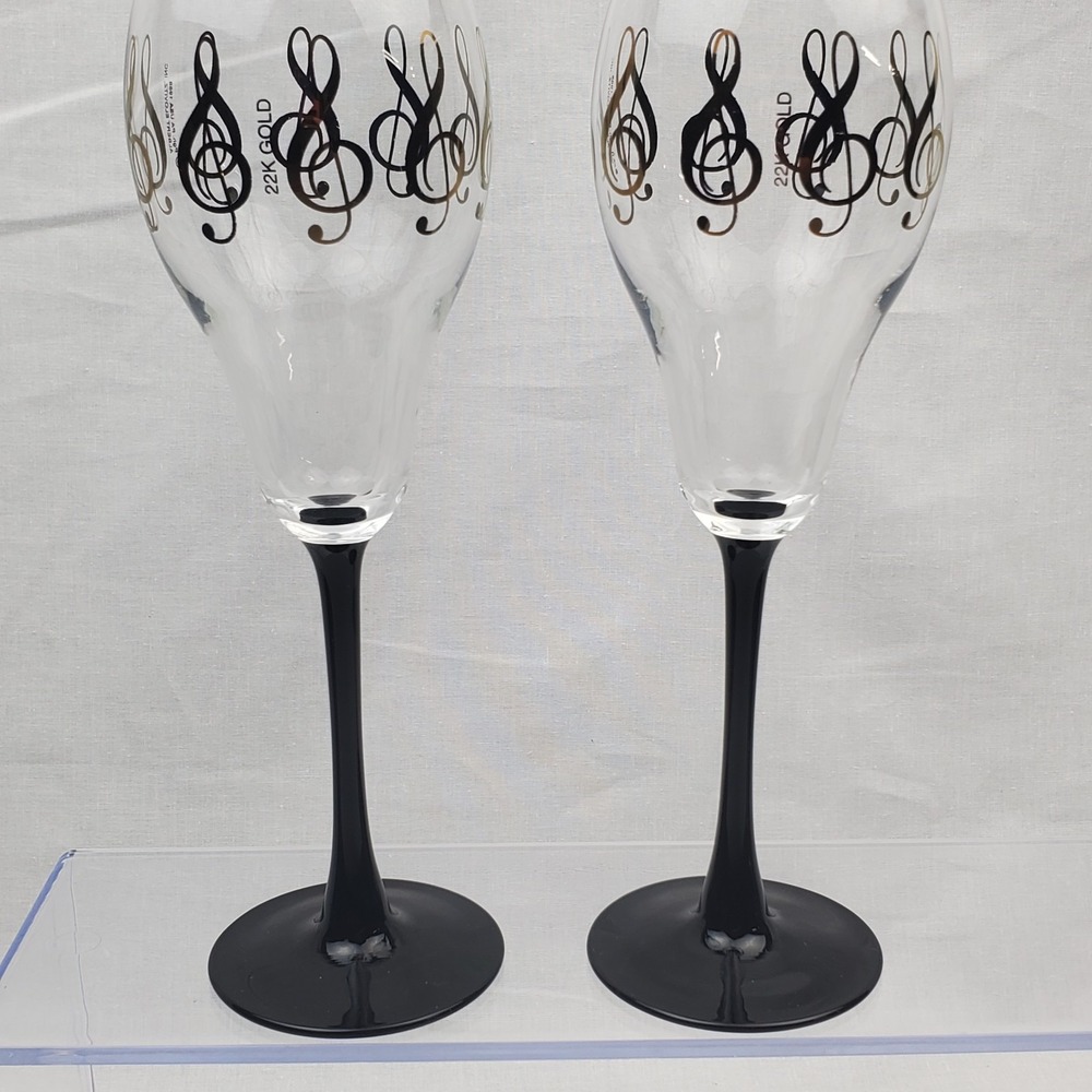 Set/2 ALBERT ELOVITZ PAINTED MUSICAL NOTE TREBLE CLEF 8 Oz WINE GLASSES 22K Gold